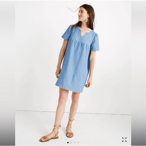 Madewell Blue Denim Popover Swing Dress Newsom Wash Linen Cotton Blend Sz Small - Picture 1 of 10